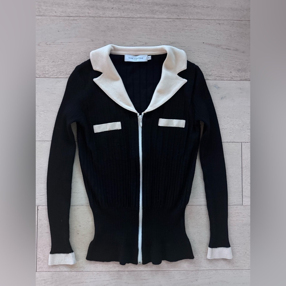 Anne Fontaine Black collared knit zip Up Blouse sweater  Size 38